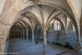 Cluny. <br> La salle inférieure du Farinier qui est le cellier gothique. Il est voûté d’ogives sur une série de colonnes qui le divisent en deux nefs.