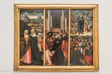Triptyque de La Visitation, La Mort de la Vierge, l'Assomption. <br> Bourgogne, début du XVIe siècle. Huile sur panneau de bois. Trois scènes constituent ce triptyque qui provient vraisemblablement du prieuré de Marcigny : A gauche, la Visitation présente la visite de Marie à sa cousine Elisabeth, enceinte de Jean-Baptiste. Le panneau central dépeint la mort de la Vierge Marie, étendue sur son lit face au spectateur, est entourée de onze apôtres, qui se retrouvent miraculeusement à son chevet, alors qu'ils s'étaient dispersés pour évangéliser le monde. Sur le panneau de droite l'Assomption de la Vierge présente Marie élevée corps et âme auprès de Dieu.