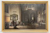 Intérieur d'église. Henri van Steinwick le Jeune (1580-1649). <br> Signé et daté, 1623. Huile sur toile. La partie éclairée attire d'abord le regard vers le prêtre qui officie face à l'autel, pratique en vigueur jusqu'au concile Vatican II (1962-1965). L'atmosphère contrastée, entre espaces lumineux et zones d'ombres, témoigne de la virtuosité du peintre.