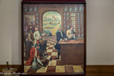Pharmacie. Le tableau, peint par Michel Charles Coquelet Souville en 1751, présente les différentes tâches effectuées dans l'apothicairerie de Claude Morelot au XVIIIème siècle : réduction en poudre de plantes séchées, utilisation du mortier, réalisation des pilules à l'aide d’un pilulier, distillation dans l'alambic et cuisson d'une préparation médicamenteuse. Morelot était également en charge de la pharmacie de l'Hôtel-Dieu jusqu’à sa mort en 1776.