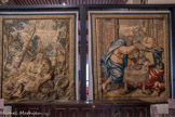 Tenture de l’histoire de Jacob.
Martin Reymbouts, Bruxelles, début 17e siècle.
Cette tenture porte dans la lisière de ses pièces la marque de Martin Reymbouts, tapissier bruxellois du début du 17e siècle. Il réalisa une autre tenture similaire conservée en Autriche. Ce thème eut un grand succès car il associe loisirs de la chasse, scène amoureuse, rêve paradisiaque et bénédiction religieuse. Cette tenture est d’une belle qualité de dessin et de tissage (8 fils au cm). Les différentes pièces de cette, tenture sont présentées en alternance afin de ne pas les exposer en permanence à la lumière qui est cause de dégradations.