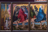 La Vierge, six apôtres et un groupe de quatre hommes.
Un pape, un homme couronné et un évêque forment le groupe initial. Un quatrième homme chauve semble avoir été ajouté. De nombreux historiens s’accordent pour reconnaître dans ces personnages le pape Eugène IV qui a signé la bulle autorisant la fondation de l’Hôtel-Dieu, le duc de Bourgogne Philippe le Bon, l’évêque Jean Rolin, fils du fondateur, et sous les traits de l’homme chauve, peut-être l’artiste lui-même. Les élus et les damnés.
Appelés par les trompettes des anges, ils sont nus, sans aucun signe de distinction sur leur condition sociale passée. Saint Michel pèse l'âme des ressuscités sur les plateaux de sa balance.
Sur le plateau de gauche, la figure est agenouillée, le visage radieux. Au-dessus, on lit 