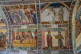 Chapelle saint Sébastien à Roubion. <br>En haut, à gauche, Sébastien et l'ange. A droite, Dioclétien mis au courant, fait arrêter Sébastien. En bas, Sébastien apparaît en songe à une Dame de Rome nommée Lucine, lui révélant ainsi où était son corps afin qu’elle l’ensevelisse près des catacombes où reposaient les restes des souverains pontifes. Les chrétiens retrouvent le corps et le tirent des égouts.