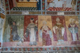 Chapelle saint Sébastien à Roubion. <br> Le  personnage agenouillé serait peut-être le prêtre Érige Lubonis, donateur de la chapelle. les vertus : l'humilité, la charité, la largesse,