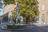 Sculptée en 1667 par Jean-Claude Rambot sur l’ancienne place Mazarine, la fontaine des Quatre Dauphins a rapidement imposé son style. Si bien qu’elle a donné son nouveau nom à la place, la rue qui la traverse conservant celui de Mazarine. Par sa situation, elle renouvelle la thématique de la fontaine jusque-là souvent adossée et fait penser aux grandes fontaines italiennes de l'âge baroque. 

Protégée au titre des Monuments Historiques en 1905, elle se compose d’un bassin circulaire réalisé en pierre froide de la Sainte Baume, dont le centre est occupé par un obélisque décalé et supporté par quatre dauphins. Leurs nageoires caudales sont quant à elles sculptées dans de la pierre de Calissanne.

Pour l’anecdote, le sommet de l’obélisque fut orné successivement par une fleur de lys dorée, une pomme de pin, puis une croix de Malte et à nouveau une pomme de pin, réalisée par le sculpteur Servian après la Deuxième Guerre Mondiale. Vandalisée dans les années 80, elle fut remplacée à l’identique.