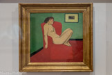 <center>Félix Vallotton</center>Lausanne, 1865 - Paris 1925.
Femme nue assise dans un fauteuil rouge. 1897.
Huile sur carton marouflé sur contreplaqué.<br>Vallotton faisait partie des Nabis.